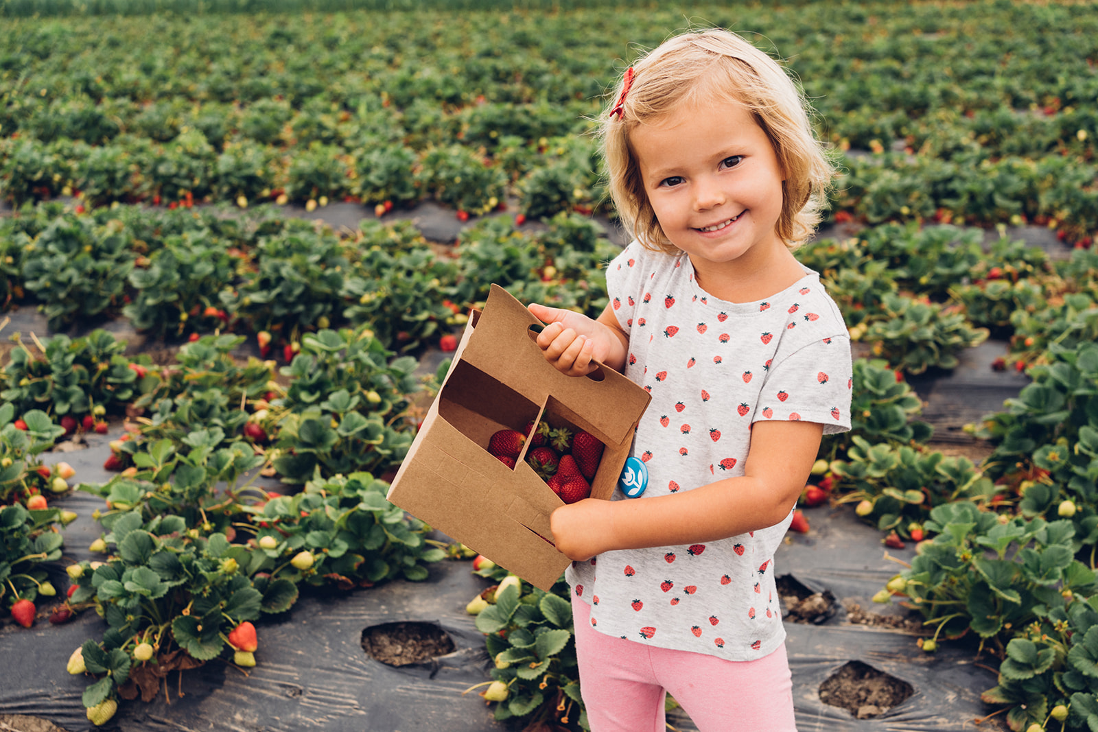 Girl holding basket of strawberries.
