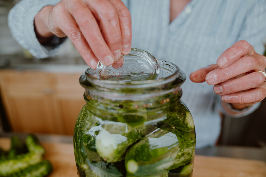Large jar of pickled cucumbers with weight being placed on them.